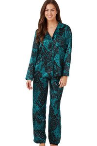 INDIGO SKY <BR>
Hot Cheetah Print Revere Collar Satin Pyjamas <BR>
Cerise or Teal available <BR>