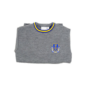 MARIST <BR>
Round Neck, Wool Mix Jumper <BR>
Crested Grey with trim of yellow & royal <BR>