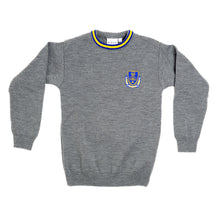 Load image into Gallery viewer, MARIST &lt;BR&gt;
Round Neck, Wool Mix Jumper &lt;BR&gt;
Crested Grey with trim of yellow &amp; royal &lt;BR&gt;
