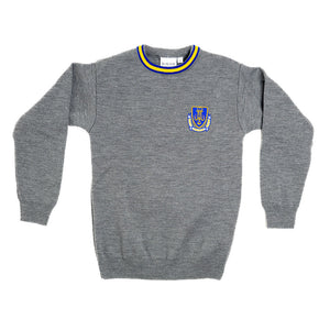 MARIST <BR>
Round Neck, Wool Mix Jumper <BR>
Crested Grey with trim of yellow & royal <BR>