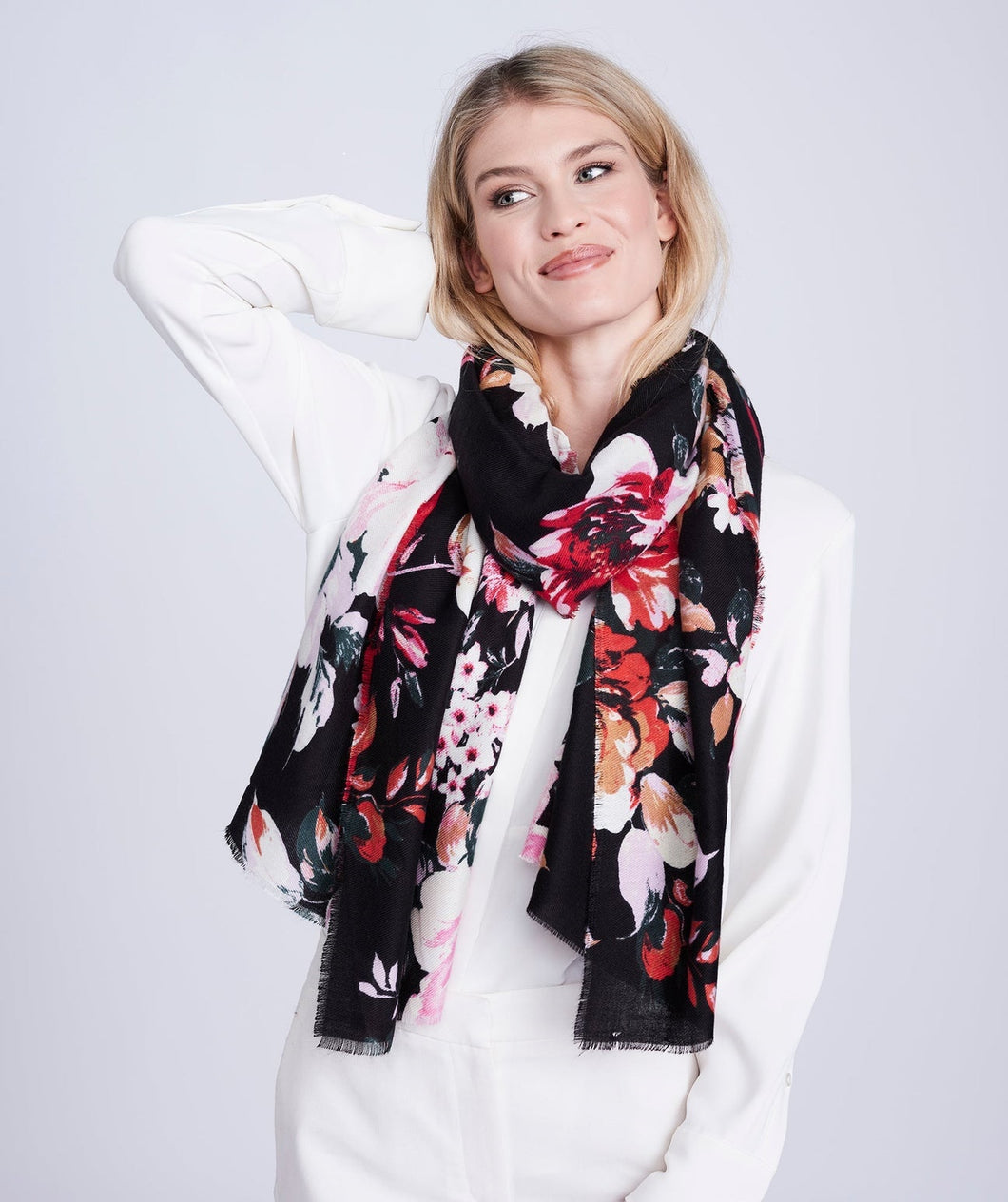 PIA ROSSINI <BR>
Floral Print Oblong Scarf with Raw Edges <BR>
Black & Floral <BR>