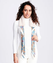 Load image into Gallery viewer, PIA ROSSINI &lt;BR&gt;
Faux Fur Collar with Satin Chain Print Tie Scarf &lt;BR&gt;
Stone &amp; Green/ Teal &lt;BR&gt;
