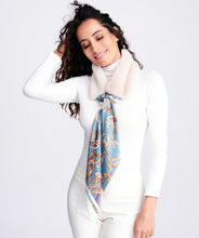 Load image into Gallery viewer, PIA ROSSINI &lt;BR&gt;
Faux Fur Collar with Satin Chain Print Tie Scarf &lt;BR&gt;
Stone &amp; Green/ Teal &lt;BR&gt;
