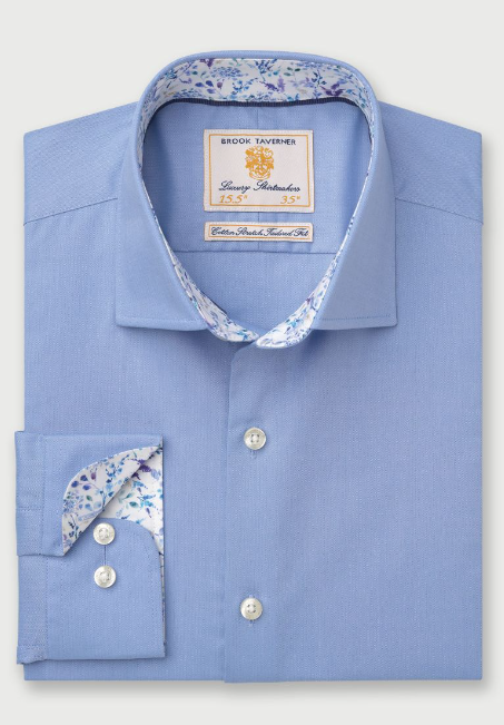 BROOK TAVERNER<BR>
Regular and Tailored Fit Herringbone Cotton Stretch Shirt<BR>
Blue<BR>