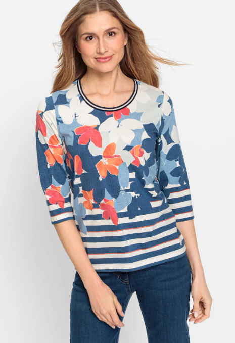 OLSEN<BR>
Elda Floral Striped Top<BR>
Ink Blue<BR>