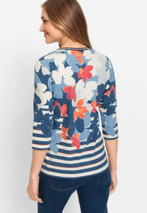 OLSEN<BR>
Elda Floral Striped Top<BR>
Ink Blue<BR>