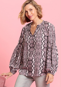 OLSEN<BR>
Long Sleeve Snake Print Blouse<BR>
Pink<BR