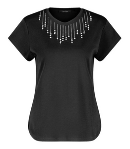 TAIFUN<BR>
T-Shirt with Appliqued Rhinestone<BR>
Black<BR>