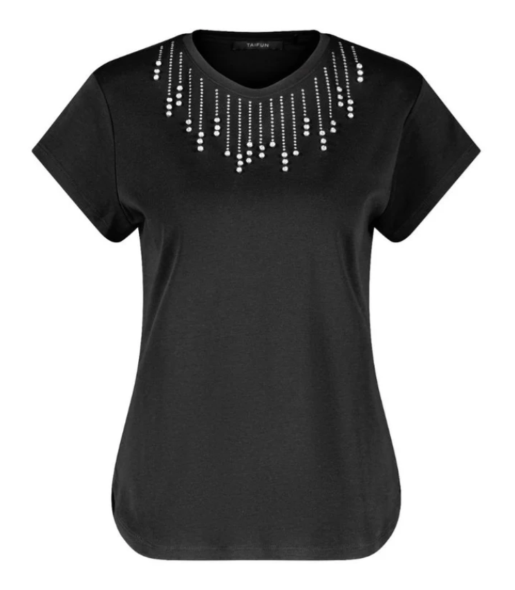 TAIFUN<BR>
T-Shirt with Appliqued Rhinestone<BR>
Black<BR>