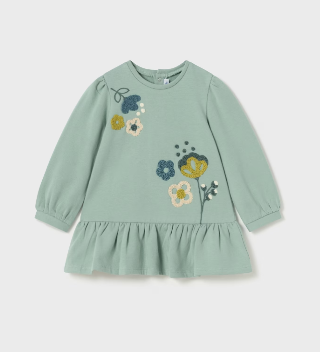 MAYORAL<BR>
Girl Embroidered Floral Fleece Dress<BR>
Green<BR>