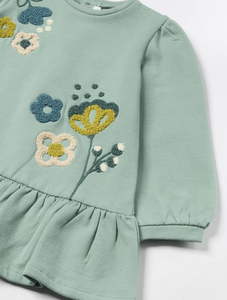 MAYORAL<BR>
Girl Embroidered Floral Fleece Dress<BR>
Green<BR>