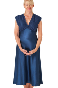 MARLON<BR>
Feminine Satin and Lace Long Nightdress<BR>
Blue<BR>