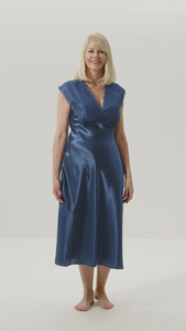 MARLON<BR>
Feminine Satin and Lace Long Nightdress<BR>
Blue<BR>