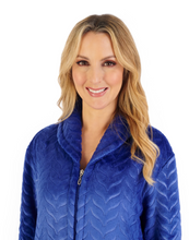 Load image into Gallery viewer, SLENDERELLA &lt;BR&gt;
Embossed Pattern Fleece 50&quot; Zip Through Housecoat &lt;BR&gt;
Blue &lt;BR&gt;
