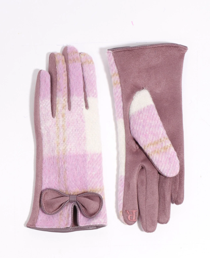 PIA ROSSINI<BR>
Ava Checked Pattern Gloves with Bow<BR>
Purple<BR>