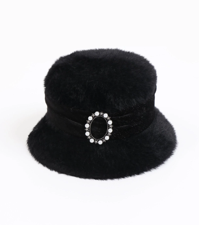 PIA ROSSINI<BR>
Esme Chenille Cloche Hat<BR>
Black<BR>