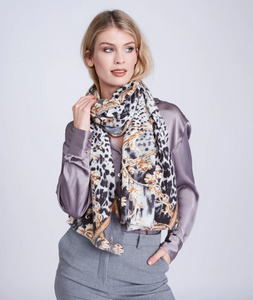 PIA ROSSINI<BR>
Sloan Leopard Print Scarf<BR>
Grey/Camel<BR>