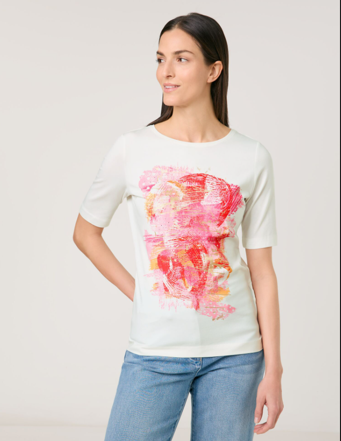 GERRY WEBER<BR>
Top with Mid-length Sleeves and Art Print<BR>
Pink/Orange<BR>