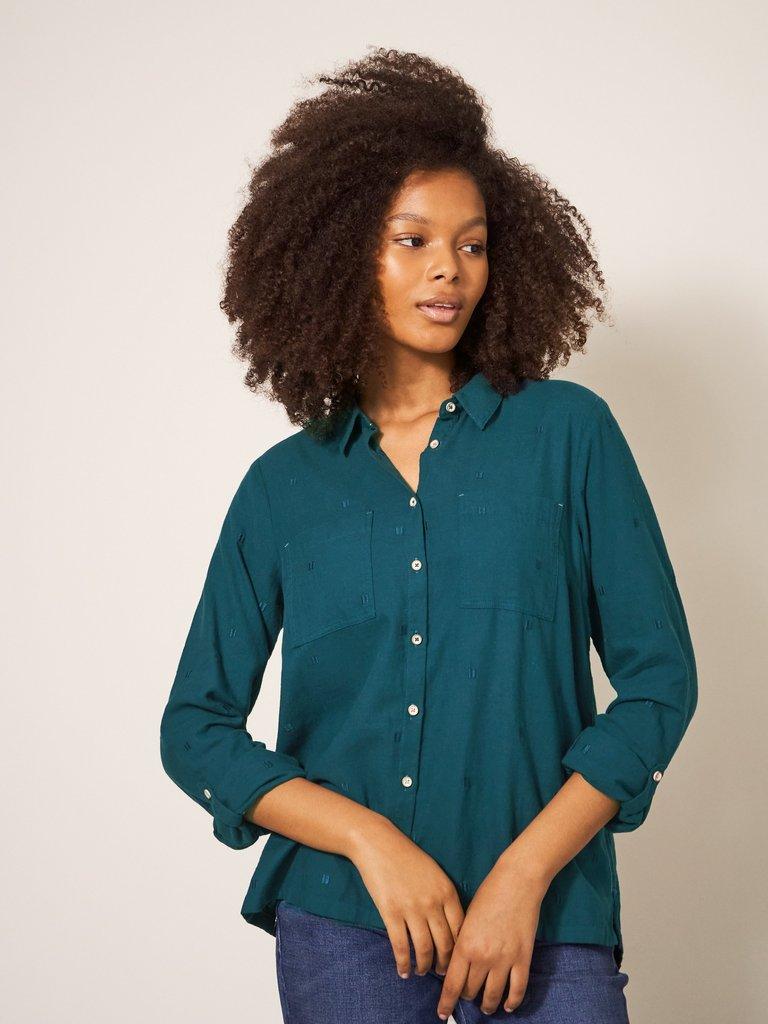 WHITE STUFF <BR>
Sophie Organic Cotton Shirt <BR>
Teal, Ivory, Green, Grey<BR>