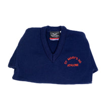 Load image into Gallery viewer, SCHOOL JUMPER &lt;BR&gt;
St. Marys National School &lt;BR&gt;
V Neck Crested, Wool Mix jumper &lt;BR&gt;
Navy &lt;BR&gt;
