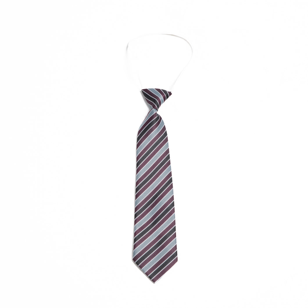 ST. PAULS NS <BR>
Boys Tie, Elasticated <BR>}~
Burgundy & Grey Stripe <BR>