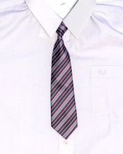 Load image into Gallery viewer, ST. PAULS NS &lt;BR&gt;
Boys Tie, Elasticated &lt;BR&gt;}~
Burgundy &amp; Grey Stripe &lt;BR&gt;
