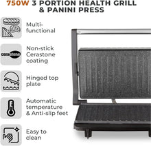 Load image into Gallery viewer, TOWER &lt;BR&gt;
3 Portion Health Grill and Panini Grill &lt;BR&gt;
Black &amp; Stainless Steel
