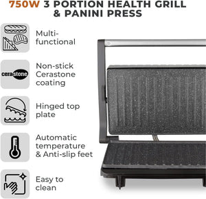 TOWER <BR>
3 Portion Health Grill and Panini Grill <BR>
Black & Stainless Steel