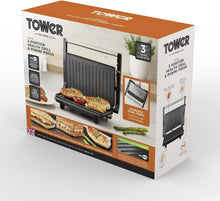 Load image into Gallery viewer, TOWER &lt;BR&gt;
3 Portion Health Grill and Panini Grill &lt;BR&gt;
Black &amp; Stainless Steel
